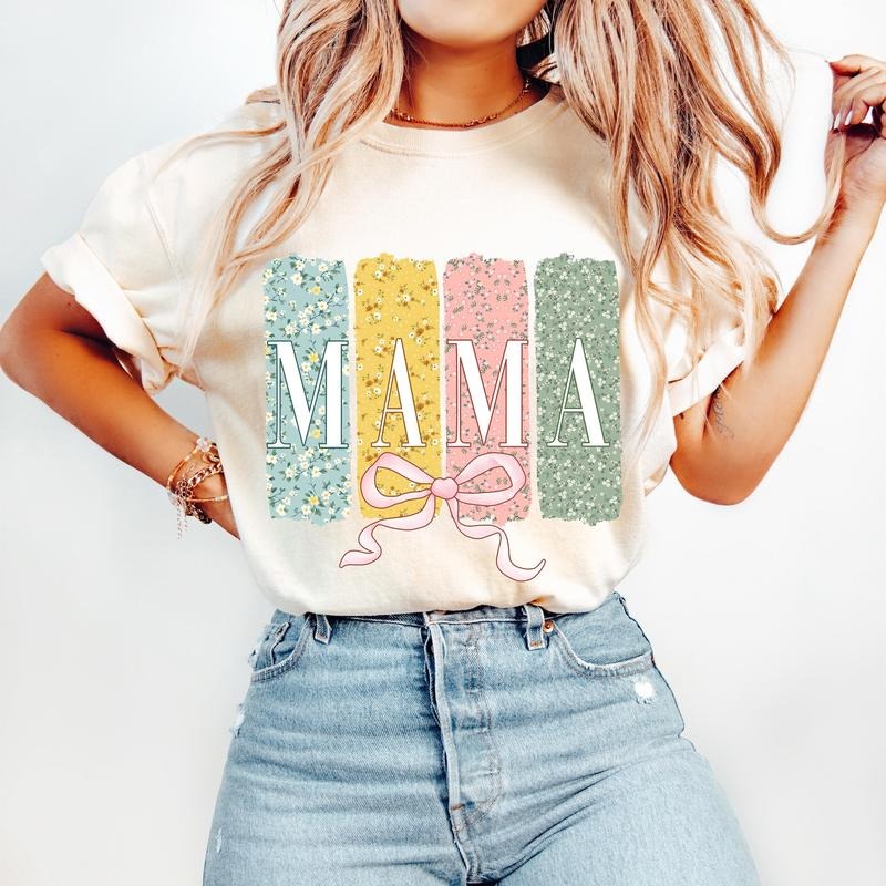 Floral Mama Coquette Bow T-shirt, Mothers Day T-shirt, Mama Varsity T-shirt, Floral Spring T-shirt, Gift for Mom, Mother,...