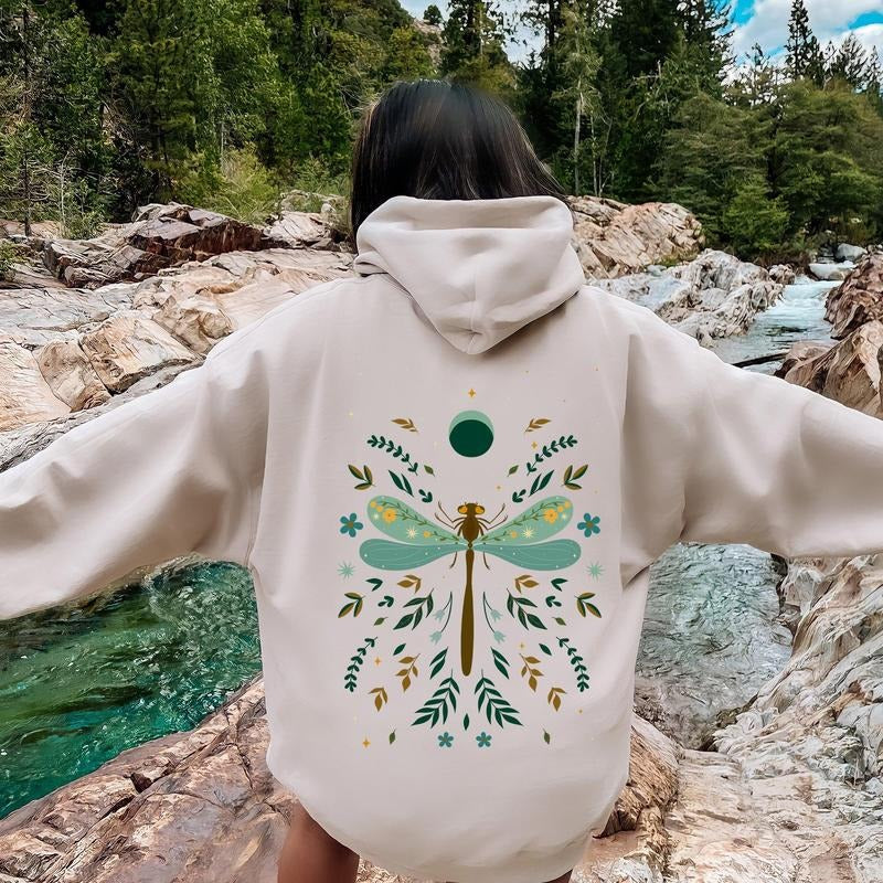 Floral Night Sky, Dragonfly, Moon, and Blooms Hoodie T-Shirts, Sweatshirt | WearSparks.com