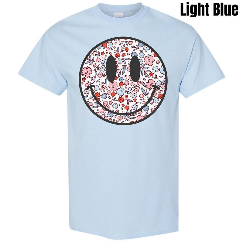 Floral Patriotic Happy Face  Gildan Short Sleeve T-Shirt 'NLB' Hoodie, Sweatshirt | WearSparks.com