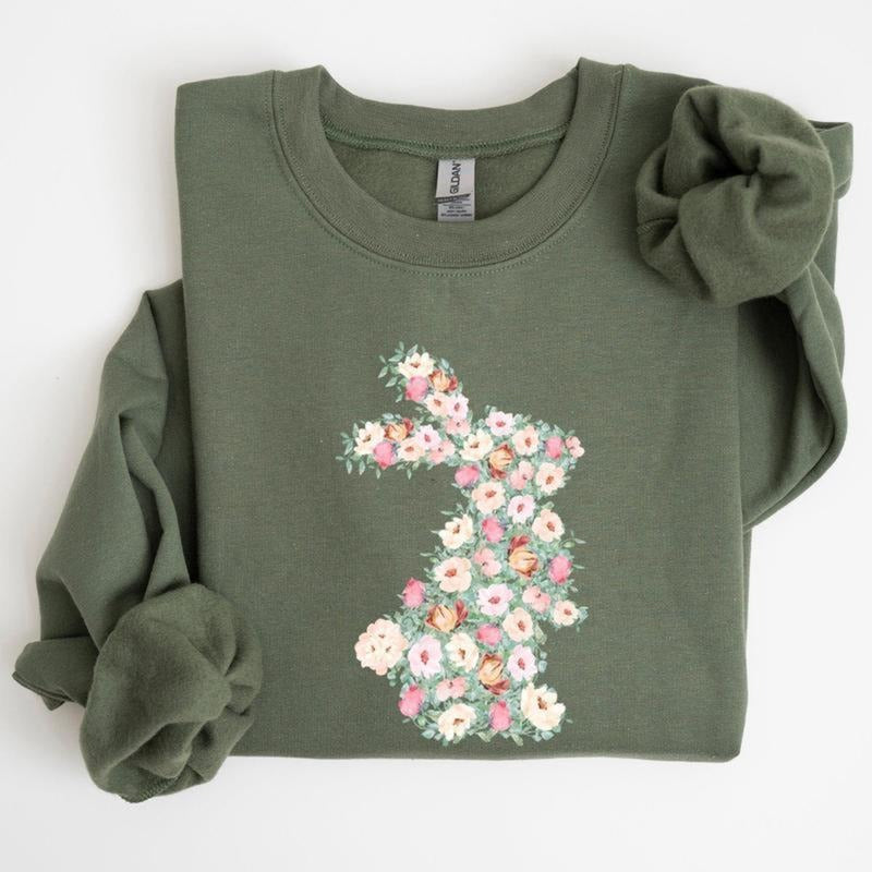Floral Print Rabbit, Bunny, Easter Sweatshirt, Women's Crew Neck, Crewneck Shirt Graphic Tee, tshirt hot trend 2025 Hoodie