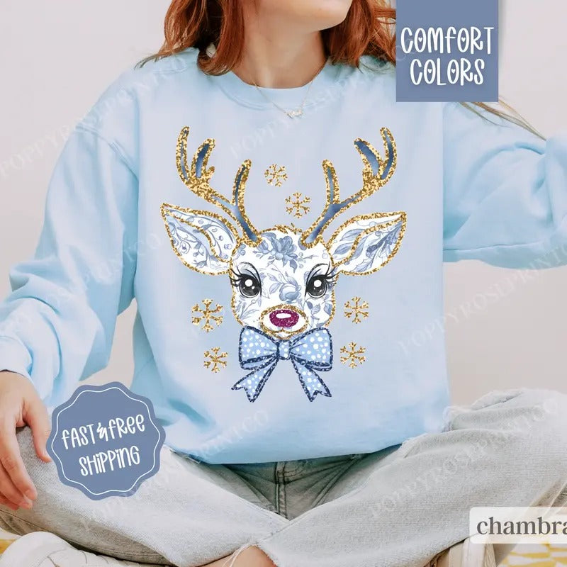 Floral Reindeer Christmas Sweatshirt Comfort Colors, Blue Floral Christmas Crewneck,  Womens Holiday Sweater T-Shirts, Hoodie
