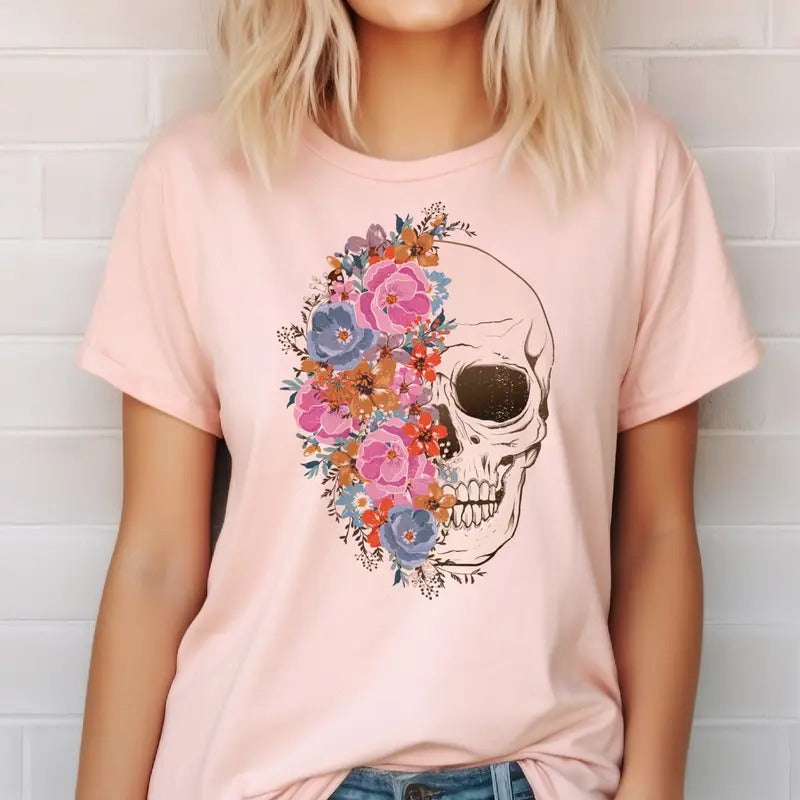 Floral Skull Tee Pink and Blue Flora Skull Tshirt Flower Skull T-Shirt Womens Skull Top Floral Half Skull Tee Floral...