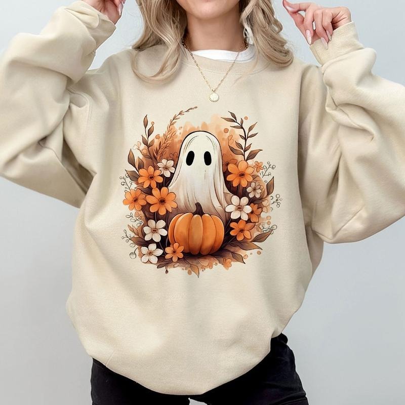 Floral Spooky Ghost Shirt, Autumn Ghost Comfort Tee, Fall Ghost T-Shirt, Pumpkins Floral Graphic Tee, Boo Fall Shirt, Boo...