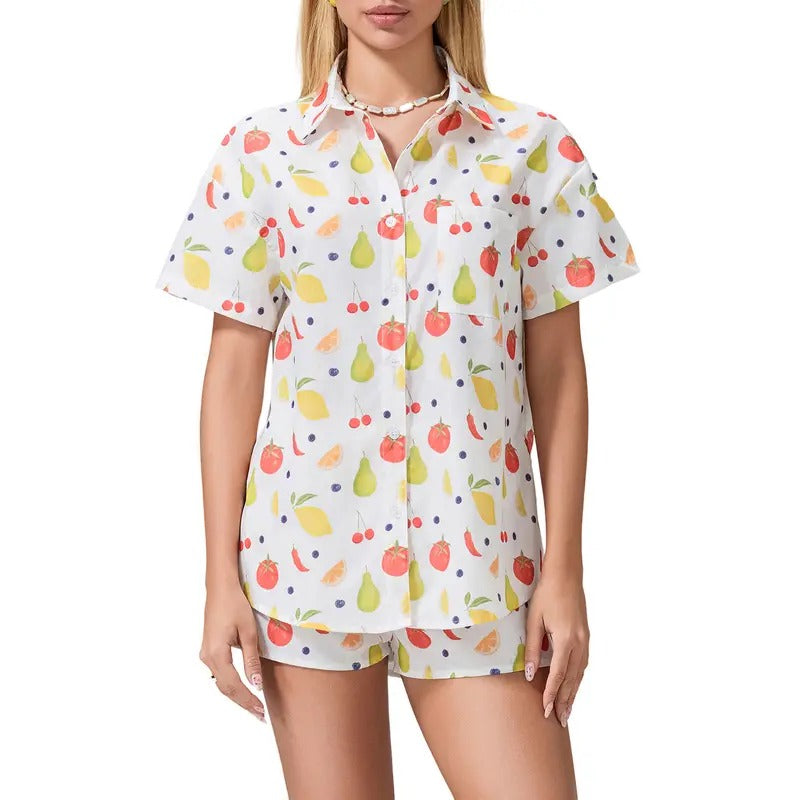 Women 2 Piece Pajamas Set Fruit/Flower Print Button T-Shirt and Elastic Waist Shorts for Loungewear Soft Sleepwear...