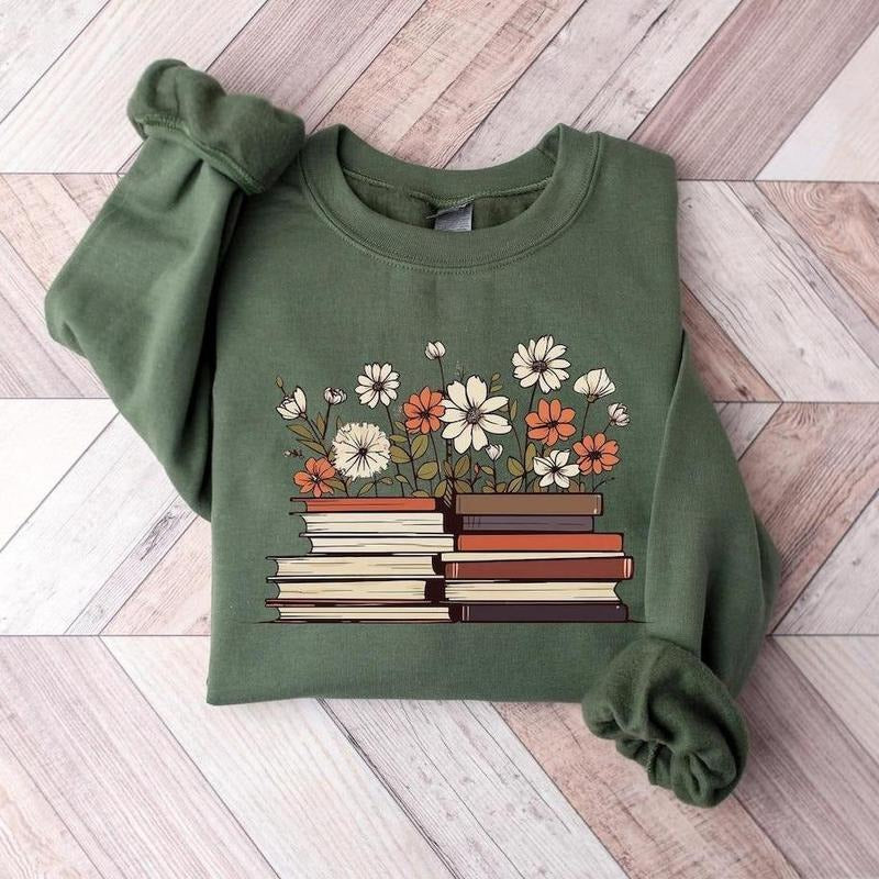 Flowers Books Sweatshirt, Bookworm Sweatshirt, Bookish Sweatshirt, Book Club Sweatshirt, Book Crewneck Sweater, Book...