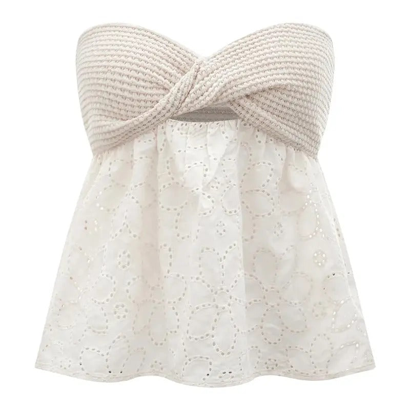 Flowy Tube Top Twist Front Cut Out Eyelet Strapless Embroidery Bandeau T-Shirts, Hoodie, Sweatshirt | WearSparks.com