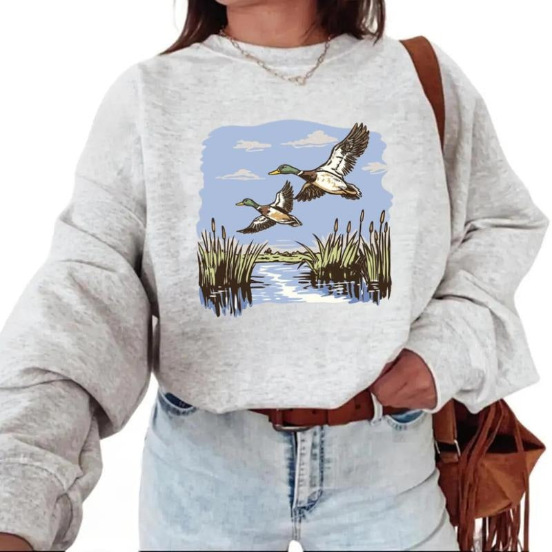 Flying Mallard Ducks Waterfowl Hunting Sweatshirt - Cotton Pullover with Duck Hunting Scene, Wetland Landscape,...
