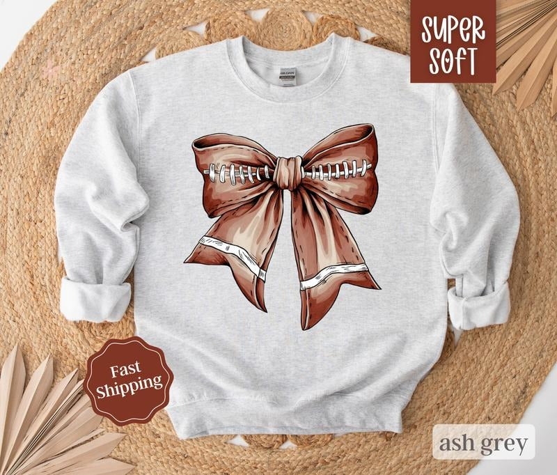 Football Bow Sweatshirt, Game Day Football Crewneck, Womens Sweatshirt, Fall Sweater fall coquette T-Shirts, Hoodie