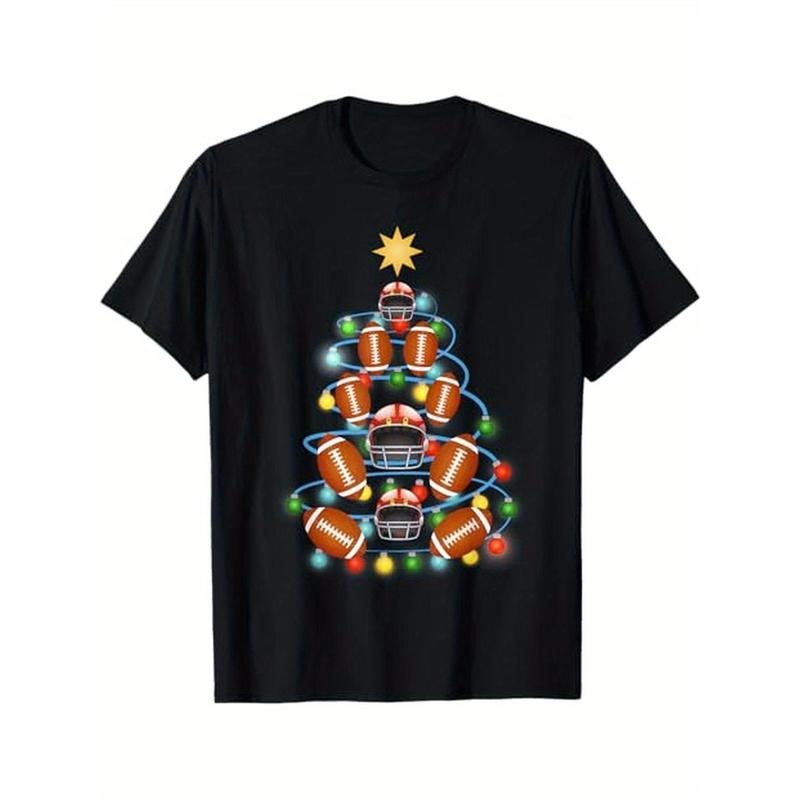 Football Christmas Tree Lights-Cute Football Christmas Gift T-Shirt Men's casual T-shirt 100% cotton, men's gift, Dad,...