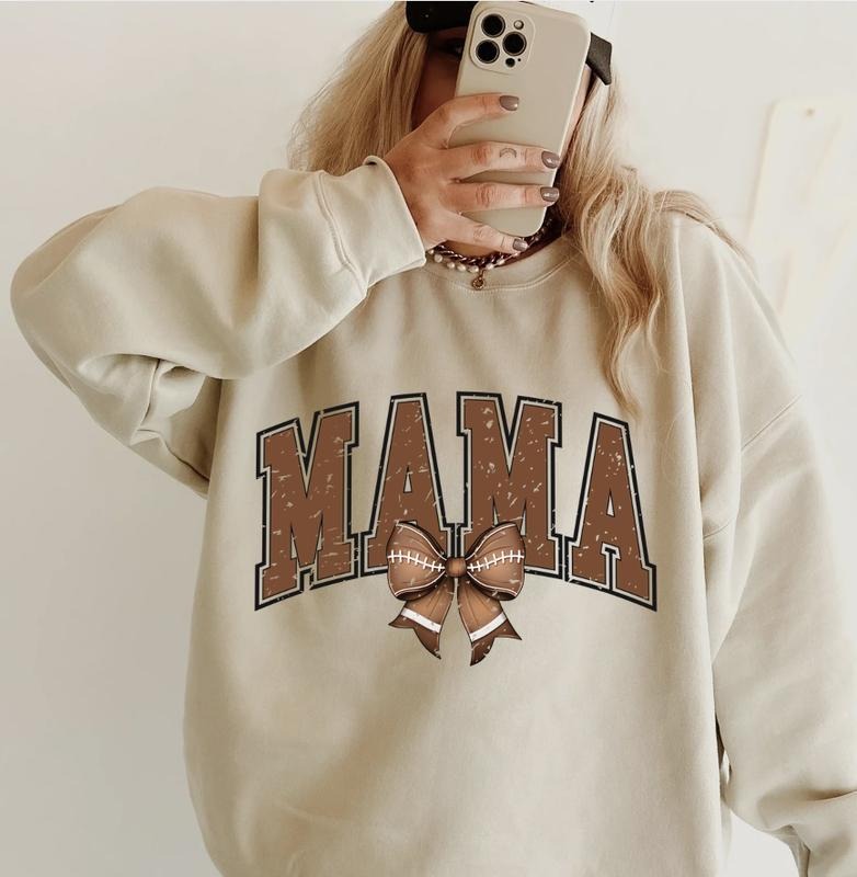 Football Mama Bow  #2 Crewneck, Retro Cotton, Crewneck Fashion Fit Sleeve Comfortable Cute, CASUAL COTTON CREWNECK...