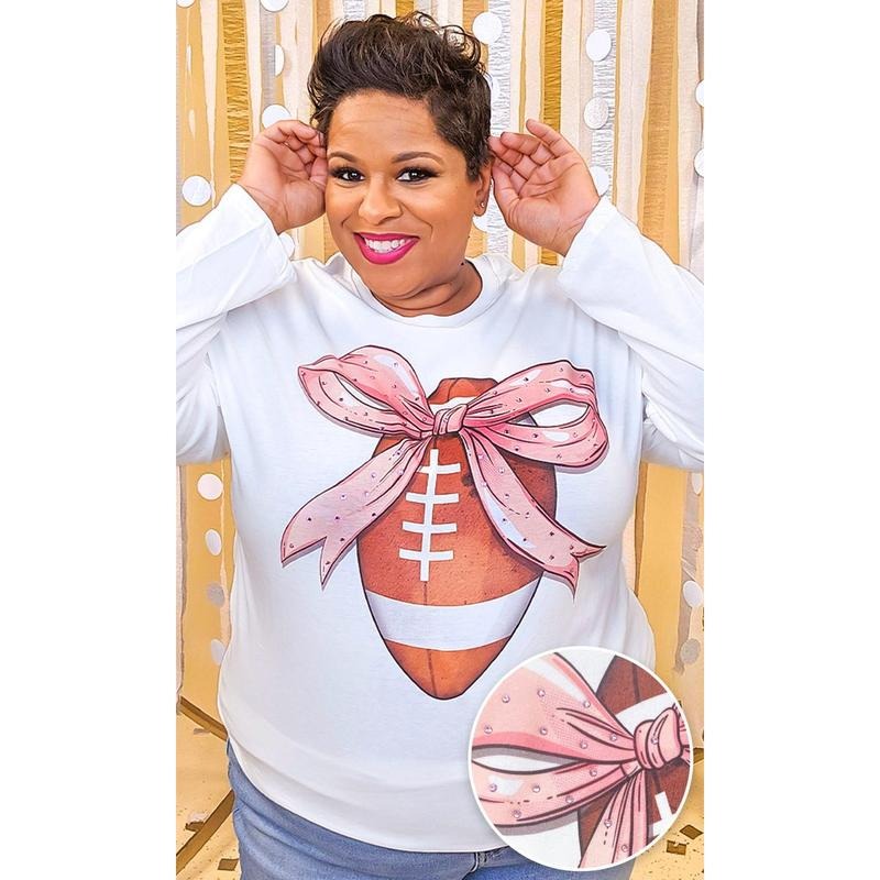 Football Pink Bow Rhinestone Graphic Long Sleeve Shirt Hoodie, Sweatshirt | WearSparks.com