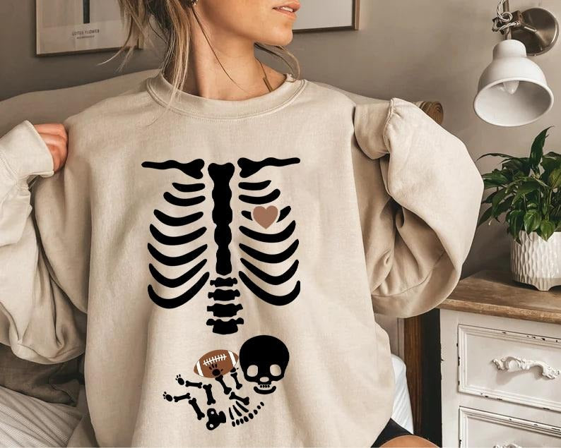Football Pregnancy Sweatshirt, Skeleton Halloween Maternity Shirt, Funny Football Mama To Be Sweater, Football Team Fall...