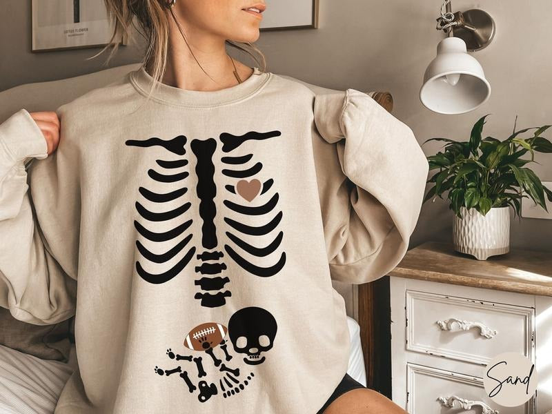 Football Pregnancy Sweatshirt, Skeleton Halloween Maternity Shirt, Funny Football Mama To Be Sweater, Football Team Fall...