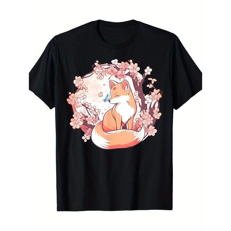 Fox Japanese Sakura Flower Butterfly Vintage 100% cotton T-shirt Made in USA Hoodie, Sweatshirt | WearSparks.com