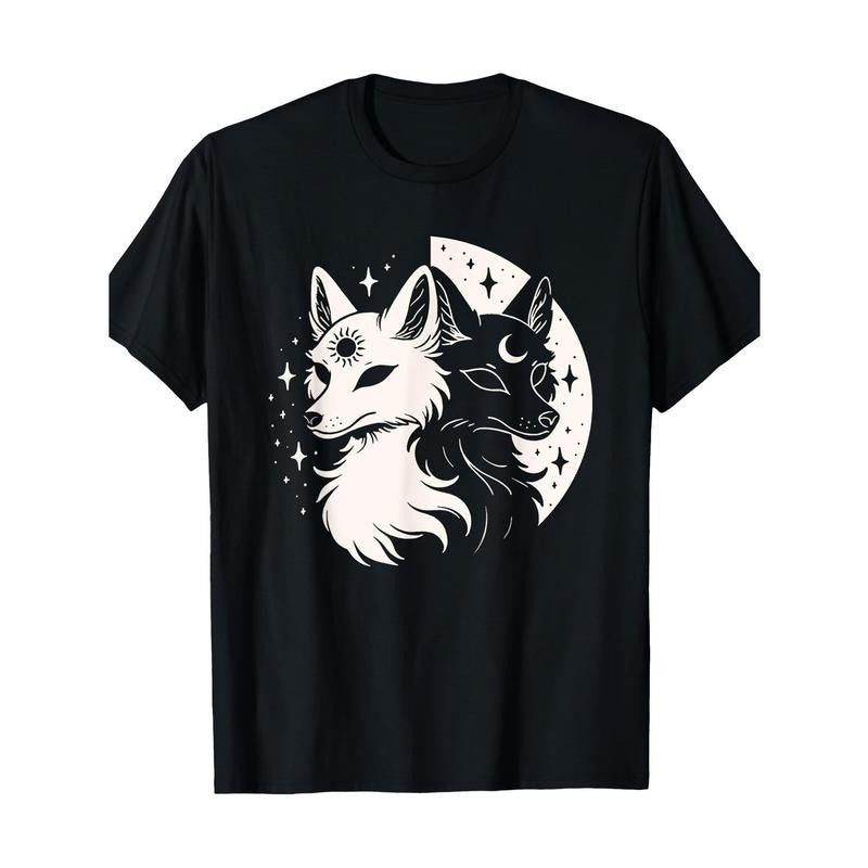 Foxes Night Moon Day Sun Stars Spirit Celestial Moon Alt T-Shirt - 100% Cotton Crew Neck Short Sleeve Tee for Adults -...