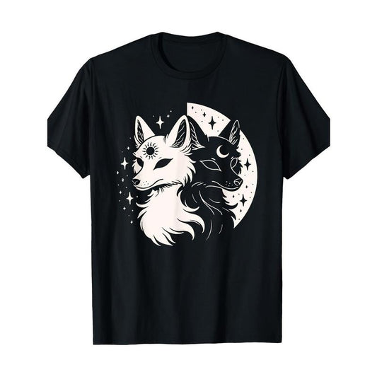 Foxes Night Moon Day Sun Stars Spirit Celestial Moon Alt T-Shirt - 100% Cotton Crew Neck Short Sleeve Tee for Adults -...