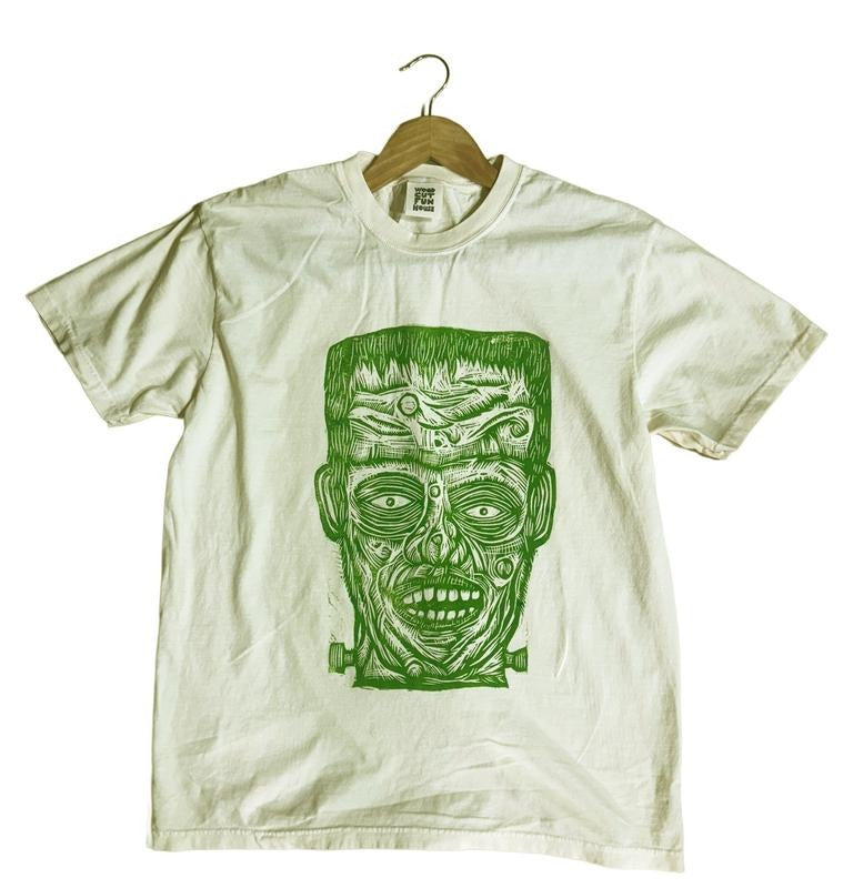 Frankenstein Hand printed  Woodcut T Shirt Menswear Cotton Top Streetwear Casual Hoodie, Sweatshirt | WearSparks.com