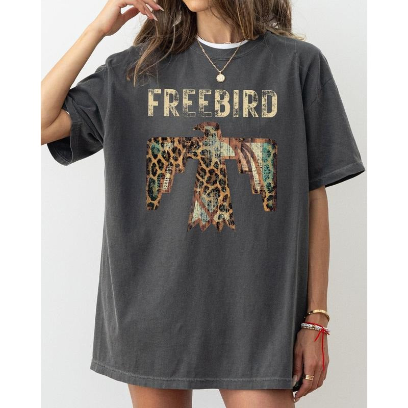 Free Bird, Western Thunderbird, Leopard Print, Concert Tee, Country, Rock Music Tshirt, Women's Comfort Color Tee, Tshirt...