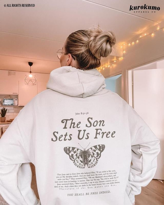 Free Indeed Bible Verse Hoodie Christian Butterfly Sweatshirt Cotton Menswear T-Shirts | WearSparks.com