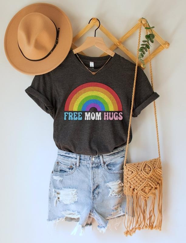 Free Mom Hugs Shirt, Pride Month TShirt, LGBTQ Mom T-Shirt, LGBT Ally Clothing, Protect Trans Kids Top, Rainbow Pride...