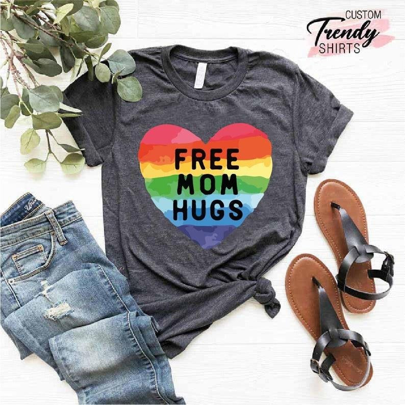 Free Mom Hugs T-Shirt, Proud Mom Apparel, Rainbow Gay Pride T-Shirt, Lgbtq Proud Parent Shirt, Equality Gifts, Rainbow...