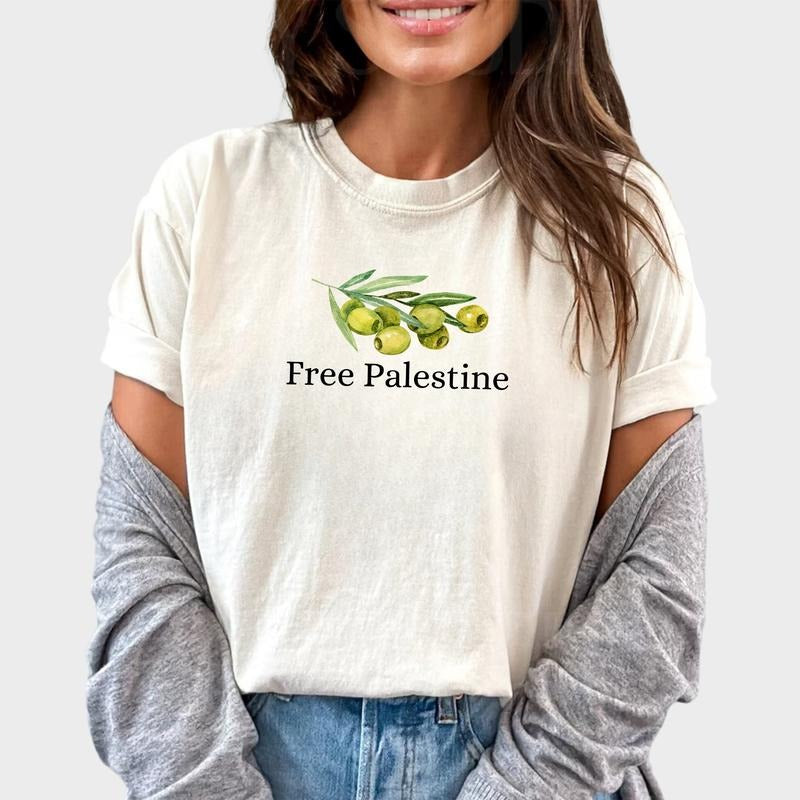 Free Palestine Shirt, Palestine Olives Graphic Tee Women, Gaza Palestine Printed T-Shirt, Palestinian Fruits Unisex...