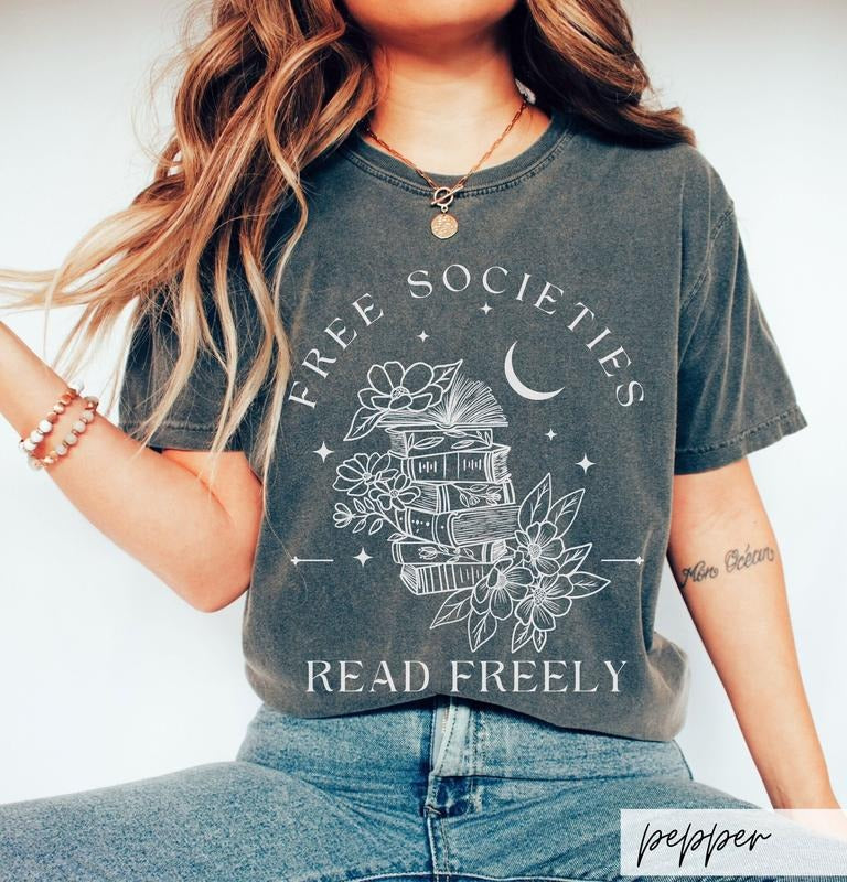 Free Societies Read Freely T-Shirt, Bookish Literary Freadom Gift, Boho Reading Teacher Tee, Celestial Floral Booktivism...