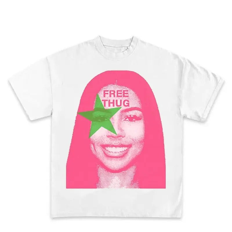 Free Thug Pink Star Green Tee Classic Cotton Hoodie, Sweatshirt | WearSparks.com