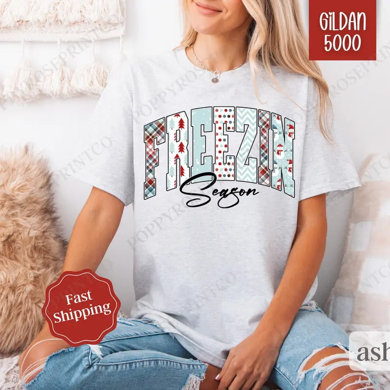 Freezin' Season Shirt Gildan, Cute Winter Tee, Trendy Winter Women's Tshirt Plus Sizes Hoodie, Sweatshirt | WearSparks.com