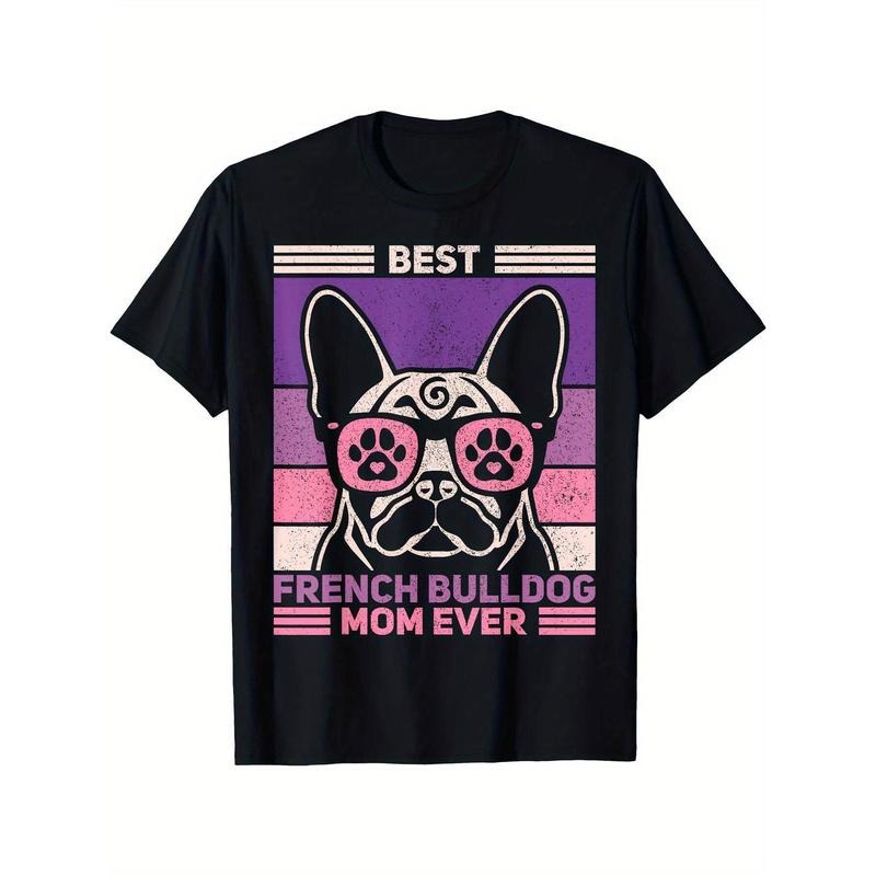 French Bulldog Mom Themed Cotton T-Shirt, Casual Crew Neck, Non-Stretch Knit Fabric, Regular Fit, with Cartoon Dog made...