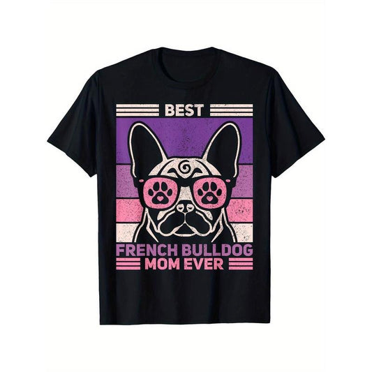French Bulldog Mom Themed Cotton T-Shirt, Casual Crew Neck, Non-Stretch Knit Fabric, Regular Fit, with Cartoon Dog made...