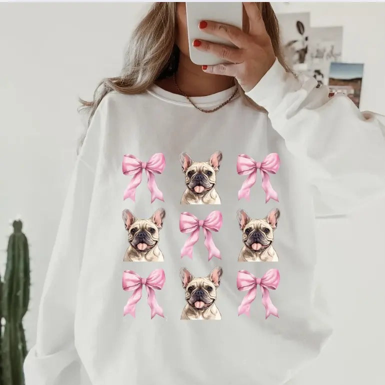 French Bulldog with Bows Sweatshirt ~ Sweatshirt Unisex Apparel Relaxed Fit Printed in the USA Clothing Womenswear Casual...