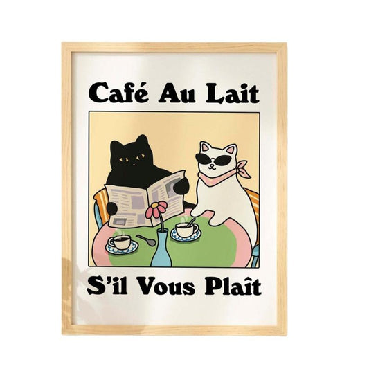 French Cafe Au Lait Cat Print, Retro Drink Poster, Kitchen Decor Posters, Gifts For Friends Besties Wall Art Decor,...