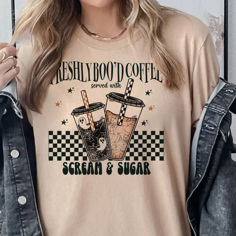 Freshly Boo'd Coffee Tee Halloween Freshly Boo'd Tshirt Scream and Sugar Halloween Coffee Sweatshirt Womens Casual...