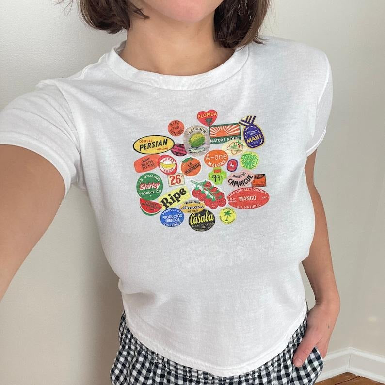 Fruit Sticker Baby Tee, Cute Baby Tee, Women Tee, Womens Graphic 90S Baby Tee 2000S Graphic Fitted Tshirt Hoodie, Sweatshirt