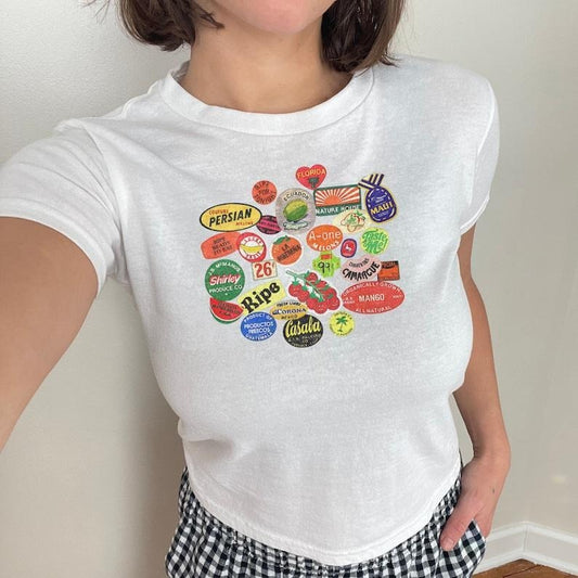 Fruit Sticker Baby Tee, Cute Baby Tee, Women Tee, Womens Graphic 90S Baby Tee 2000S Graphic Fitted Tshirt Hoodie, Sweatshirt