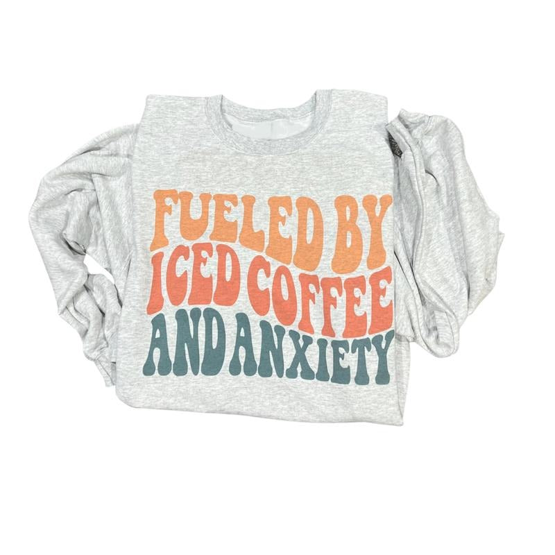 Fueled By Iced Coffee & Anxiety Sweatshirt T-shirt Long Sleeve Sublimation Crewneck Tops Clothing Cotton graphic tees...
