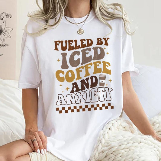 Fueled By Iced Coffee And Society Shirt, Mom Iced Coffee T-shirt, Mama Anxiety Graphic Printed Tee, Overstimulated Mom...