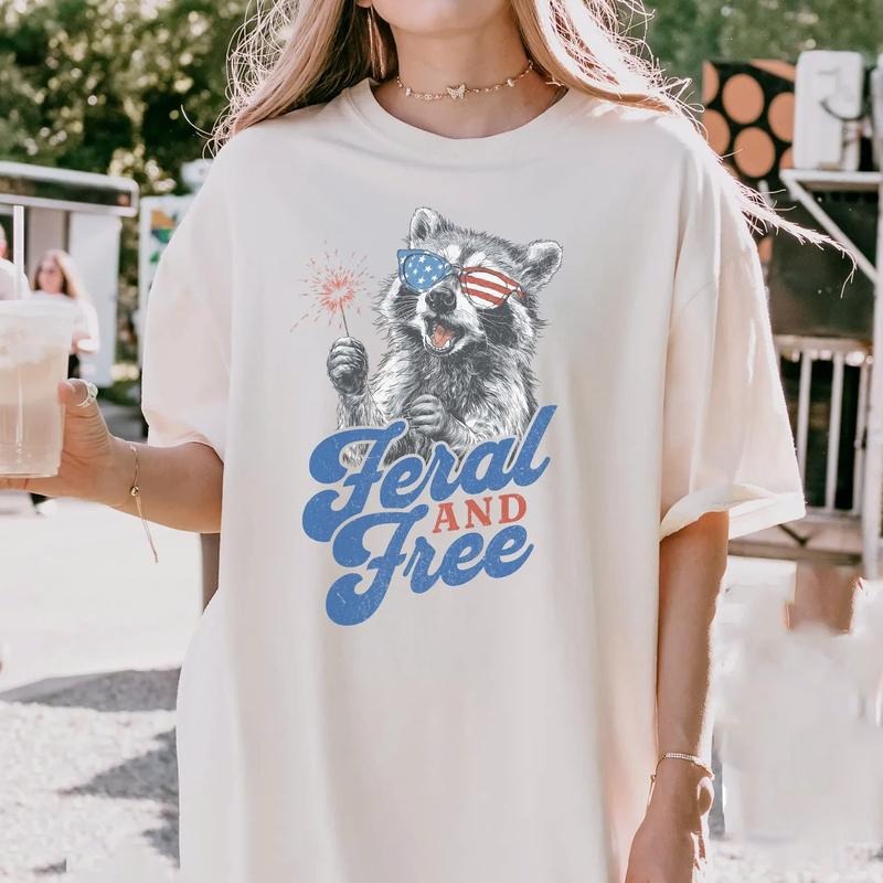 Funny 4th of July Shirt, Feral Raccoon Tee Shirt Feral Girl, Red White and Feral Shirt, Independence Day, America Shirt...