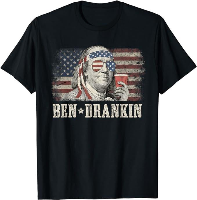 Funny 4th of July Shirts For Men, Ben Drankin Beer 4th of July Vintage Flag Funny T-Shirt Menswear Top Casual Cotton...
