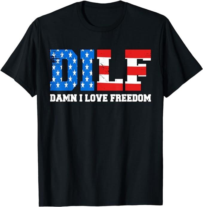 Funny 4th of July Shirts For Men, DILF Damn I Love Freedom Funny Patriotic 4th Of July T-Shirt Menswear Top Casual Cotton...