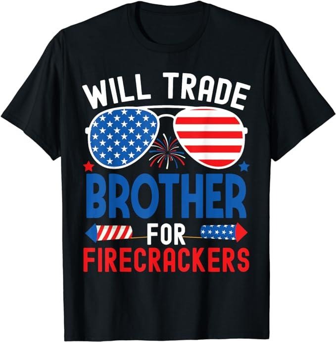 Funny 4th of July Shirts For Men, Will Trade Brother For Firecrackers Funny 4th Of July T-Shirt Menswear Top Casual...