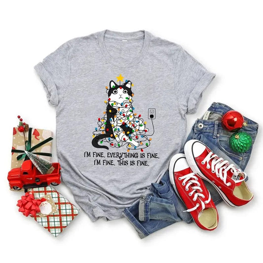 Funny Cat Christmas Shirt Everything Is Fine Christmas Shirt Christmas Lights Cat Shirt Cat Lover Shirt Hoodie, Sweatshirt