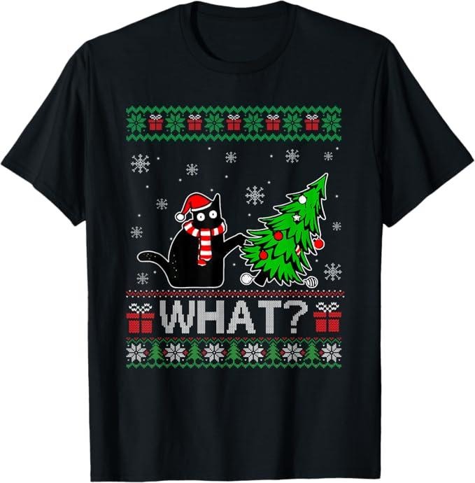 Funny Cat Shirts, Cat What Funny Black Cat Pushing Christmas Tree Ugly Xmas T-Shirt