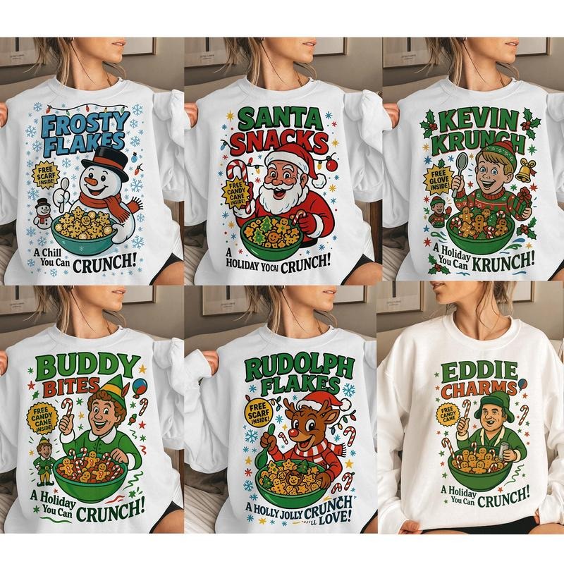 Funny Character Cartoon Bundle Christmas 2025 Sweatshirt, 6 Retro Holiday Cereal Box Style Sweatshirt, Family Group...
