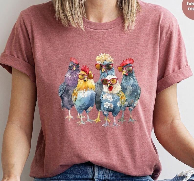 Funny Chickens Shirt, Animal T-Shirt, Farm Gift for Women, Cute Farmer Outfit, Country T-Shirt, Farm Vneck Tshirt, Floral...