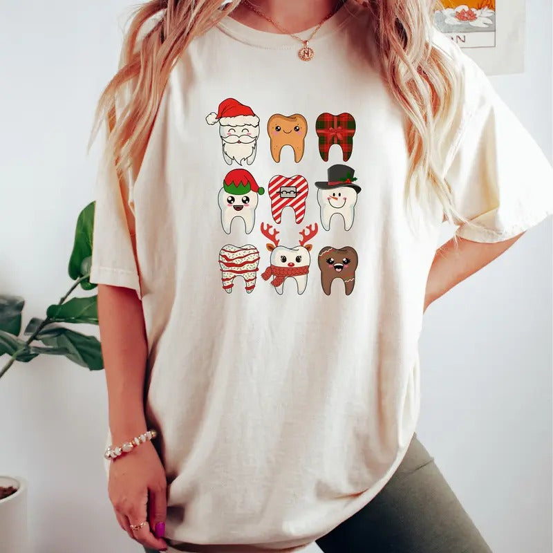 Funny Christmas Teeth Sweatshirt, Christmas Gift For Dentist, Christmas Dental Squad Collar Cotton Fabric Womenswear...
