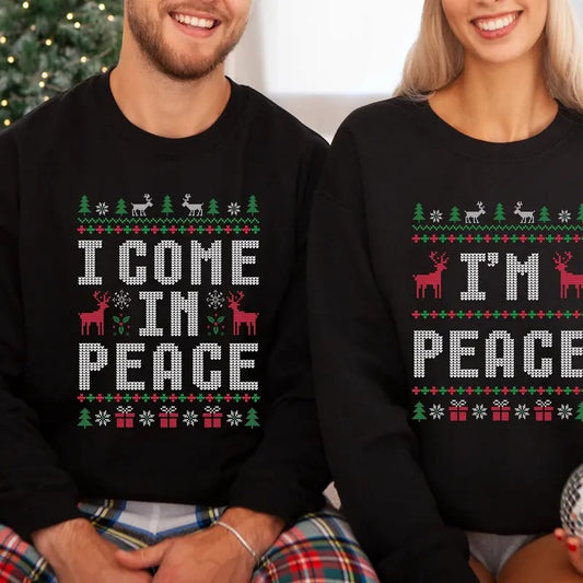 Funny Couple Ugly Christmas Sweater, I Come In Peace I'm Peace Sweatshirt, Humorous Couples Shirt, Matching Holiday...
