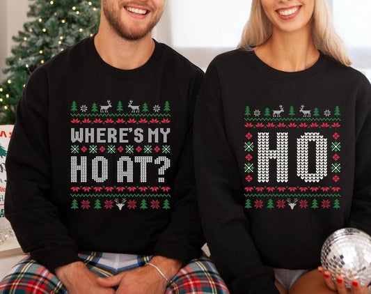Funny Couple Ugly Christmas Sweatshirt, Where's My Ho At Ugly Sweater, Ho Sweater, Humorous Couples Apparel , Long Sleeve...