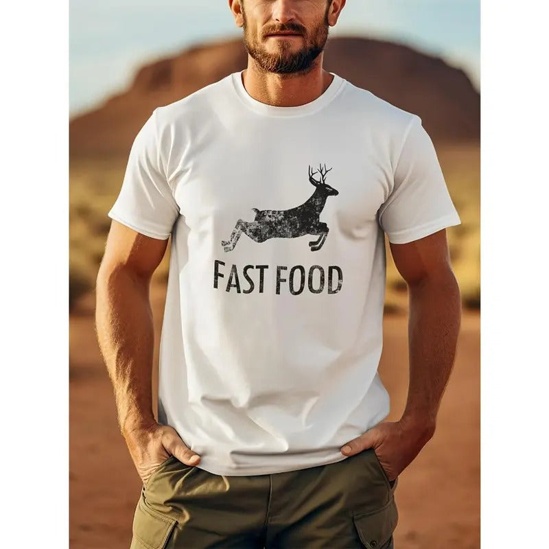 Funny Deer Hunting Tee - Men's Short Sleeve Graphic T-Shirt with Fast Food Print - Humorous Gift for Hunters and Outdoor...